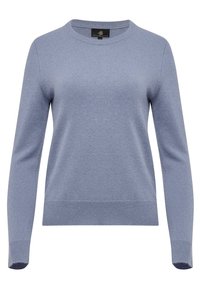 Pull bleu clair avec un col rond, des manches longues et des poignets et un ourlet côtelés. Fabriqué en tissu doux avec une texture lisse.