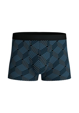 Men's boxer briefs featuring a black waistband, geometric blue and gray pattern, made of a soft, stretchy fabric. Mid-length design.