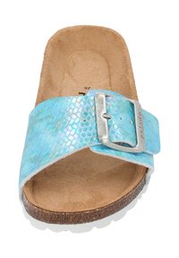 Sandalia deslizante sintética azul con patrón de piel de serpiente en relieve, hebilla adjustable de plata, plantilla de corcho y suela de goma blanca. Talla 37.