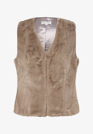 Ærmeløs beige faux pelsvest med V-hals og glat satinfor, mærket Marie Lund Copenhagen, størrelse 36.