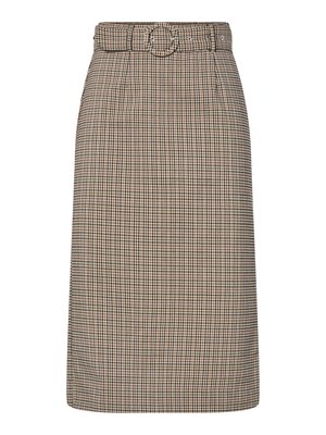 Brown and beige checked pencil skirt with a high waist, belt loops, a circular buckle, and a straight silhouette. Cotton blend fabric.