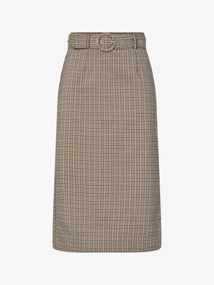 Brown and beige checked pencil skirt with a high waist, belt loops, a circular buckle, and a straight silhouette. Cotton blend fabric.