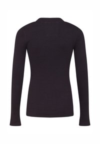 Fekete, hosszú ujjú, bordázott felső, testhez simuló kialakítással, finom hátulsó varrással és kerek nyakkivágással.