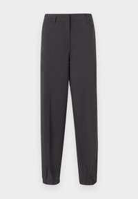 Dark gray trousers made of smooth fabric, featuring a tapered shape, elastic cuffs, and front pockets with a refined finish.