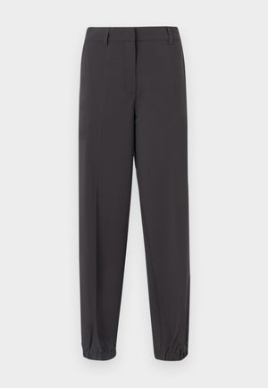 Dark gray trousers made of smooth fabric, featuring a tapered shape, elastic cuffs, and front pockets with a refined finish.