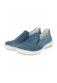 Blaue Wildlederschlupfschuhe mit weißen Gummisohlen und elastischen Seitenpaneelen für ein einfaches An- und Ausziehen. Glatte Textur und runde Zehenform.