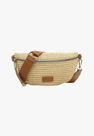 Woven beige crossbody bag with brown adjustable strap, silver zipper, and "RUE 09" leather label on front center.