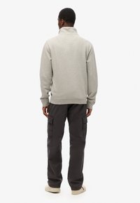 Grijze sweatshirt met een hoge kraag, ribgebreide manchetten en zoom. Gecombineerd met donkere cargo broeken met zijzakken en beige sneakers.