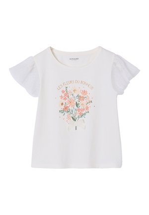 Weißes kurzärmeliges Kleinkindshirt mit Spitzenärmeln, floralem Blumenstraußdesign in Rosa und Grün sowie dem Text "Les Fleurs du Bonheur" darüber.
