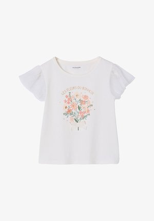 Weißes kurzärmeliges Kleinkindshirt mit Spitzenärmeln, floralem Blumenstraußdesign in Rosa und Grün sowie dem Text "Les Fleurs du Bonheur" darüber.
