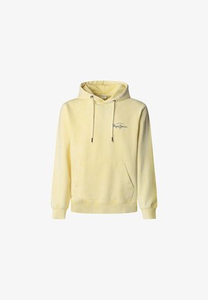 Gul hoodie lavet af blødt stof, med en kængurulomme, snøre i hætten og broderet logo i kontrastfarve.