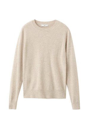 Beige trui van zacht materiaal, met een ronde halslijn en lange mouwen. Eenvoudig ontwerp zonder patronen of versieringen.
