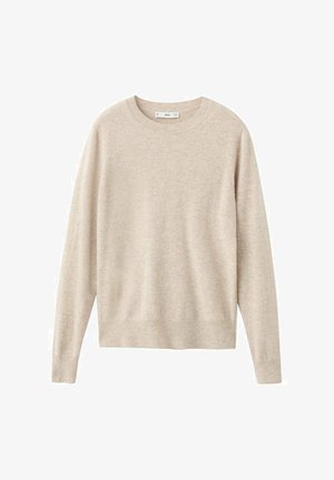 Beige sweater made of soft material, featuring a round neckline and long sleeves. Simple design without patterns or embellishments.