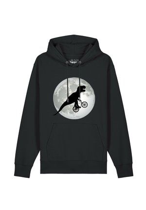 Schwarzer Hoodie mit einem Grafikmotiv eines T-Rex, der vor einem Vollmond Fahrrad fährt, im Brustbereich.