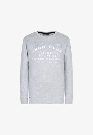 Grijze sweatshirt gemaakt van zacht materiaal, met een ronde hals, lange mouwen en witte tekst op de voorkant, met ribbelboorden.