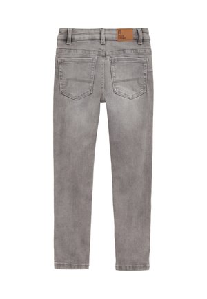 Grå denimjeans med slim fit, fem-lomme design og et lædermærke. Har en medium vask og blød tekstur.