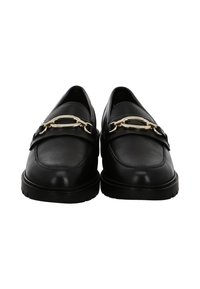 Black leather loafers with a textured finish, featuring a gold-tone chain accent across the vamp and a thick black rubber sole.