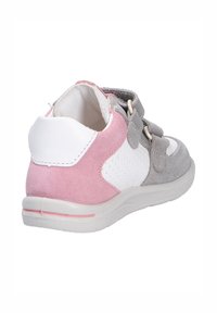 Gray, pink, and white sneaker featuring suede and perforated textures, a padded collar, and dual Velcro straps for closure.