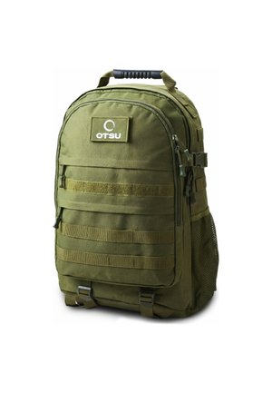 Green tactical-style backpack with multiple compartments, MOLLE straps, side mesh pocket, and top handle with black grip.