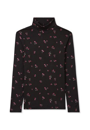 Maglione nero a collo alto con maniche lunghe, caratterizzato da un motivo floreale in rosa e verde. Realizzato in un tessuto morbido con una texture liscia.