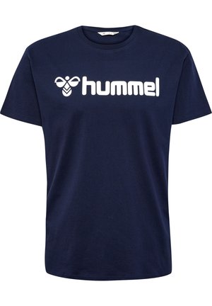 Navy blue cotton T-shirt featuring a white printed "hummel" logo and an emblem. Short sleeves and a round neckline with a straight cut.