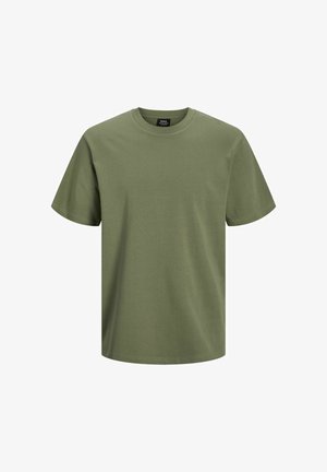 Olive roheline puuvillane T-särk, millel on ümar kaelus ja lühikesed varrukad. Sirge lõikega disain, sile tekstuur ja nähtamatud mustrid.
