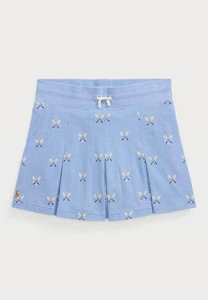 Blue cotton shorts with pleats, featuring an embroidered pattern of racquets and bees. Elastic waistband with a white drawstring for adjustment.