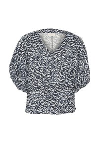 Blouse à manches courtes en tissu à motifs bleu marine et blanc avec un décolleté en V et des manches bouffantes froncées, présentant une apparence texturée et légère.