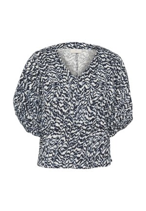 Blouse à manches courtes en tissu à motifs bleu marine et blanc avec un décolleté en V et des manches bouffantes froncées, présentant une apparence texturée et légère.