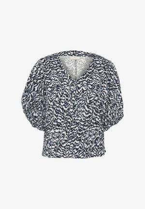Blouse à manches courtes en tissu à motifs bleu marine et blanc avec un décolleté en V et des manches bouffantes froncées, présentant une apparence texturée et légère.