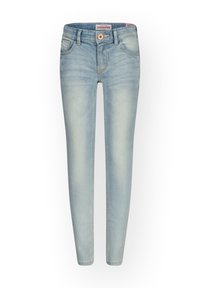 Jeans de denim azul claro con corte ajustado, diseño de cinco bolsillos y cierre de botón. Presenta un ligero desgastado y detalles de costura.