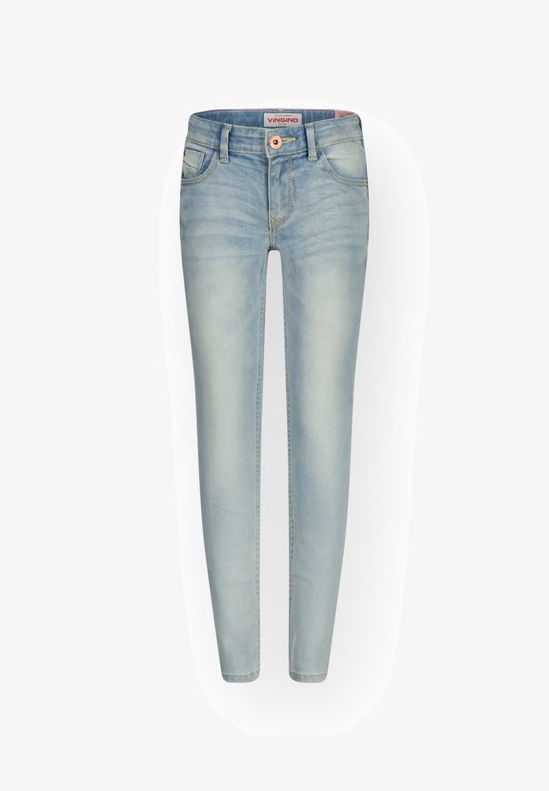 Jeans de denim azul claro con corte ajustado, diseño de cinco bolsillos y cierre de botón. Presenta un ligero desgastado y detalles de costura.