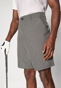 Gray golf shorts with a smooth texture, featuring a button closure, angled pockets, and a tapered fit. Golf club held in one hand.