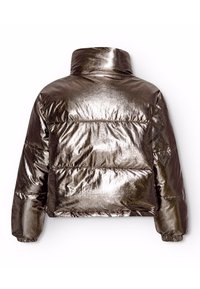 Metallisk pufferjakke med høy krage, med en quiltet mønster og elastiske mansjetter. Farge: bronse. Materiale: glinsende stoff.