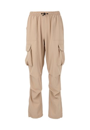 Beige cargobroek met een elastische tailleband en trekkoord. Voorzien van twee grote zijzakken en een relaxte pasvorm. Gladde textuur.