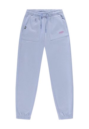 Lichtblauwe joggingsbroek van zachte stof, met een elastische tailleband, een trekkoord, twee zijzakken en een klein logo aan de voorkant.
