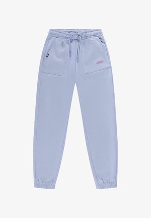 Lichtblauwe joggingsbroek van zachte stof, met een elastische tailleband, een trekkoord, twee zijzakken en een klein logo aan de voorkant.