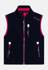 Gilet sans manches bleu marine avec des accents roses ; dispose de plusieurs poches zippées et d'un col haut ; le tissu est lisse et robuste.