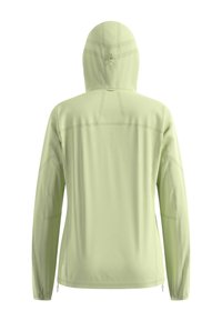 Light green hooded jacket with long sleeves, featuring a smooth, textured fabric, flat seams, and adjustable drawstring at the hood.