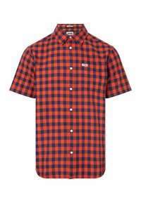 Korte mouwen geruit shirt in rood en marineblauw, van katoen, knoopsluiting, enkele borstzak en merkembleem op de zak.