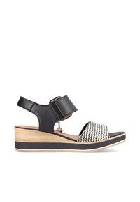 Sorte læder wedge sandaler med justerbar rem, der har en vævet tårem med sort-hvide mønstre, trædetalje og gummisål.