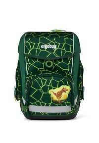 Sac à dos vert avec un design en relief de motif reptilien. Doté d'un graphisme de dinosaure, de plusieurs poches et d'accents réfléchissants.