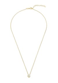 Collier en chaîne dorée avec une texture délicate, présentant un pendentif rond unique avec une pierre claire au centre. Fermeture de longueur ajustable.