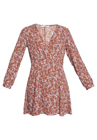 Rostfärgad blommig klänning med långa ärmar, V-ringning och en utsvängd kjol. Tyget har ett mönster av vita och lavendelfärgade blommor.