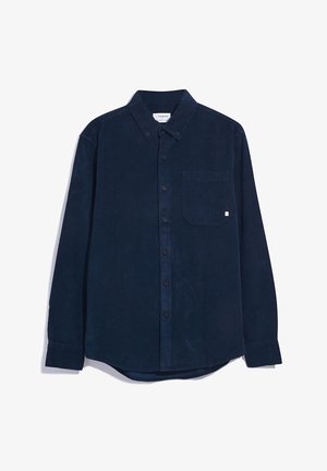 Marineblaues Cordhemd mit langen Ärmeln, Button-Down-Kragen, Taschenfront und schwarzen Knöpfen; weiche Textur und gerader Saum.