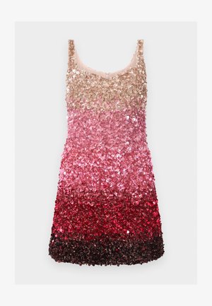 Ärmelloses Minikleid mit einem Verlauf aus Pailletten, der von Beige zu Dunkelburgunder übergeht und einen funkelnden Ombre-Effekt erzeugt.