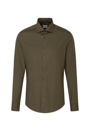 Langsleeve shirt in donker olijfgroen, gemaakt van een gladde stof. Heeft een standaard kraag en voor knopen in een bijpassende kleur.