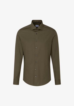 Koszula z długim rękawem w ciemno oliwkowym kolorze, wykonana z gładkiego materiału. Posiada standardowy kołnierzyk oraz guziki z przodu w dopasowanym kolorze.