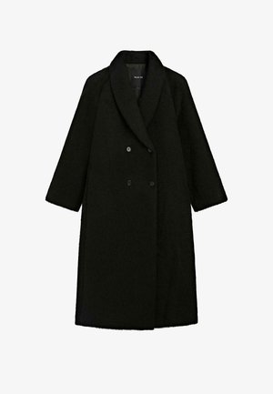 Czarny, podwójnie zapinany płaszcz wykonany z teksturowanej tkaniny. Ma szerokie klapy i luźne rękawy. Brak widocznych wzorów lub elementów metalowych.