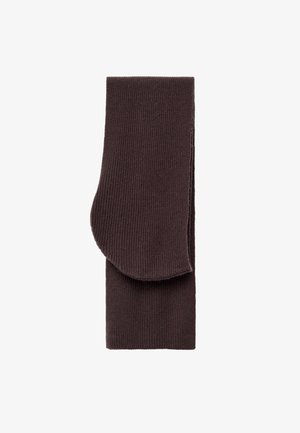 Brown ribbed socks made of knit material, featuring a folded top and smooth texture. No visible patterns or embellishments.